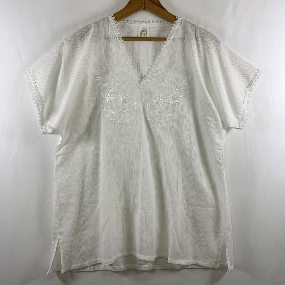 VTG Womens Gauzy Cotton Embroidered Folk Peasant Top Sz L White Cottage Greece